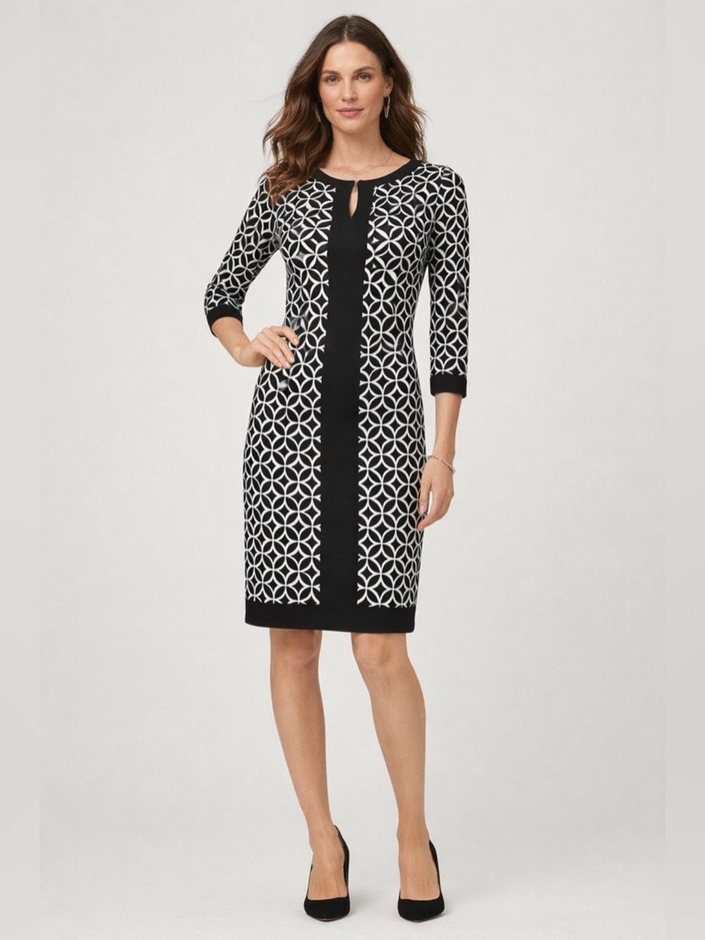 White House Black Market Black White Geometric Sheath Dress 3/4 Sleeve Stretch